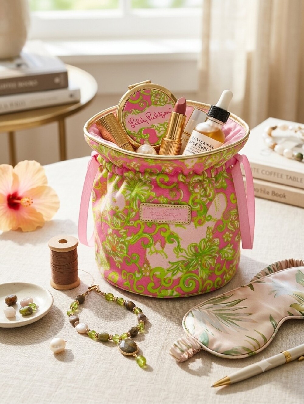 Lilly Pulitzer Estee Lauder Floral Drawstring Cosmetic Bag Pink Green Glam CC
